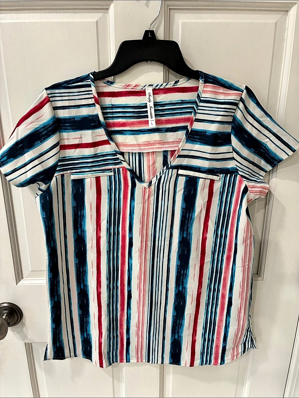 Simply Irresistible Striped Short Sleeve Top in Blue & Pink Large Like New